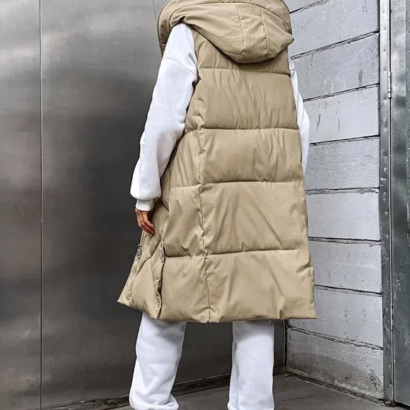 Khaki Casual Womens Pocket Zip Up Hooded Puffer Vest Coat - Picture 3 of 5